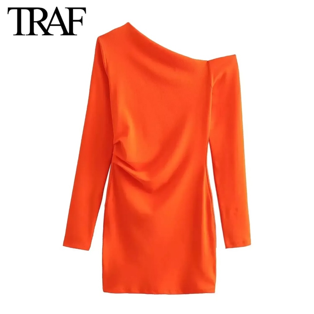 NWT Zara chic French Asymmetric orange Mini Dress Size Medium